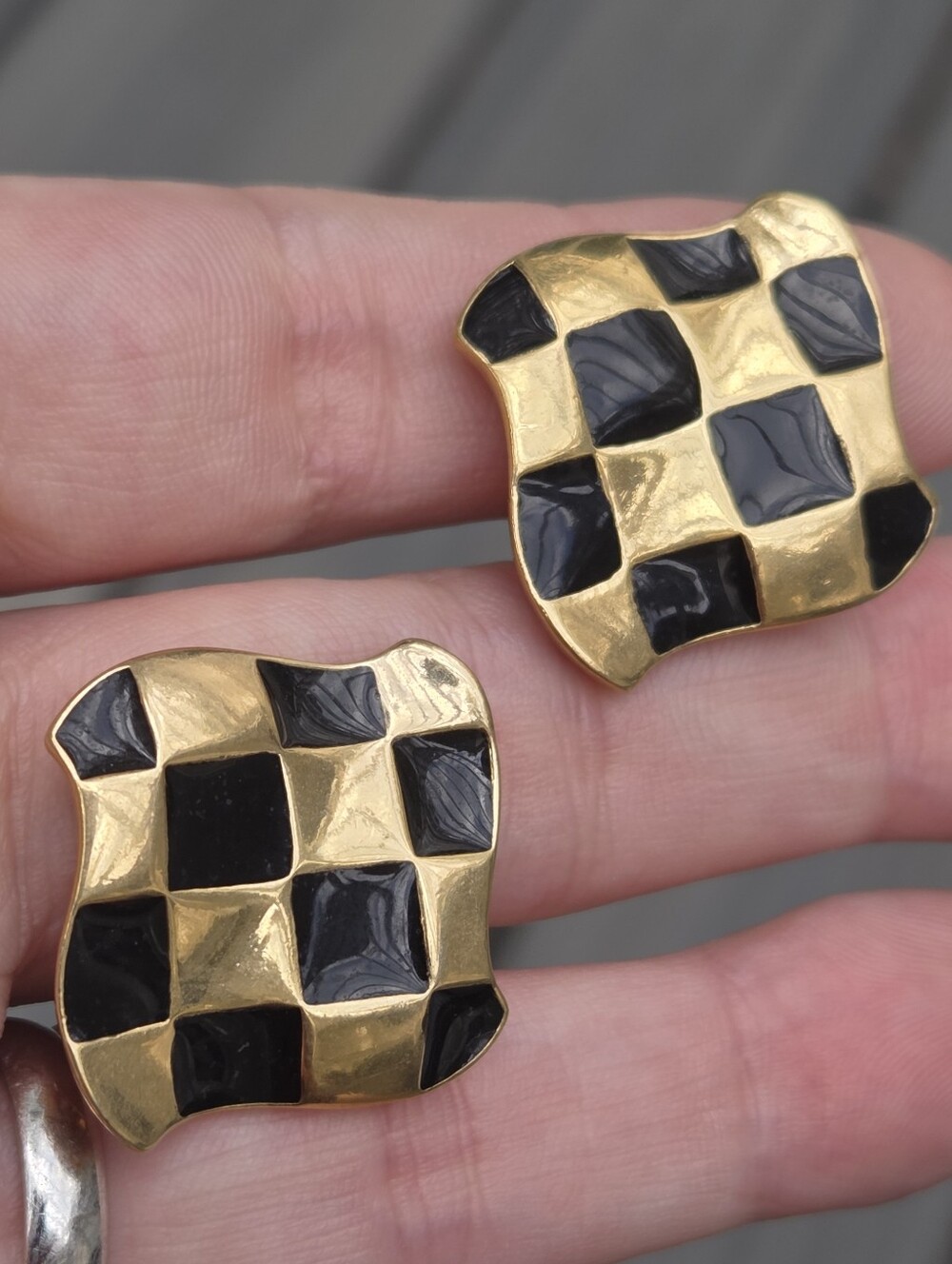 Vintage Avon Black Enamel Gold Tone Checkerboard Clip On Earrings
